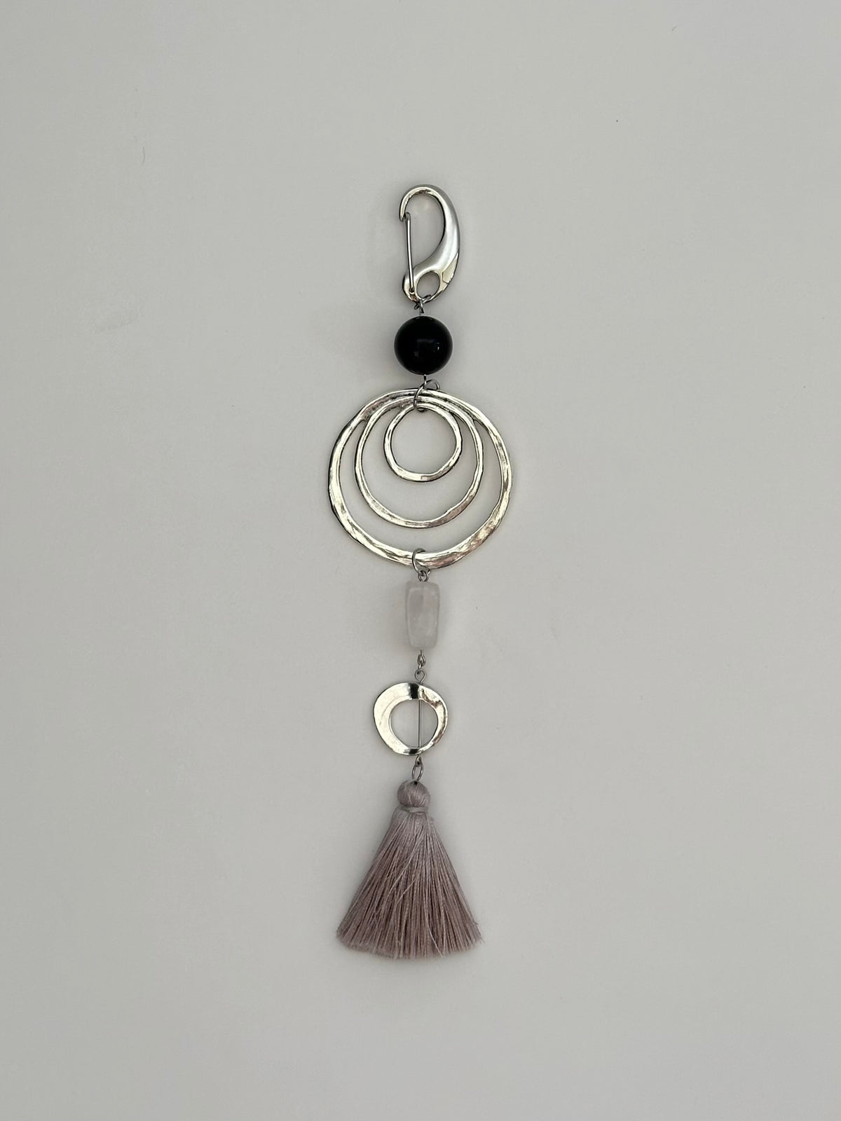 Tasseled Semi-precious Gemstone Bag Charm with Sculptural Metal Accents