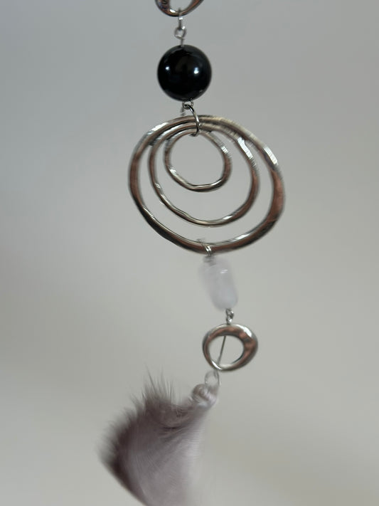 Tasseled Semi-precious Gemstone Bag Charm with Sculptural Metal Accents