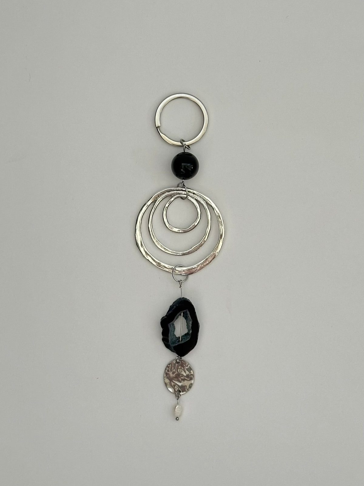Semi-precious Gemstone Bag Charm with Sculptural Metal Accents