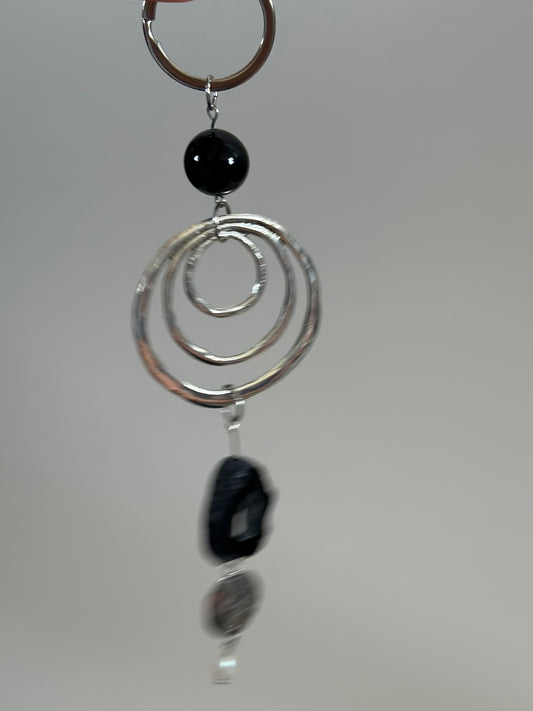 Semi-precious Gemstone Bag Charm with Sculptural Metal Accents