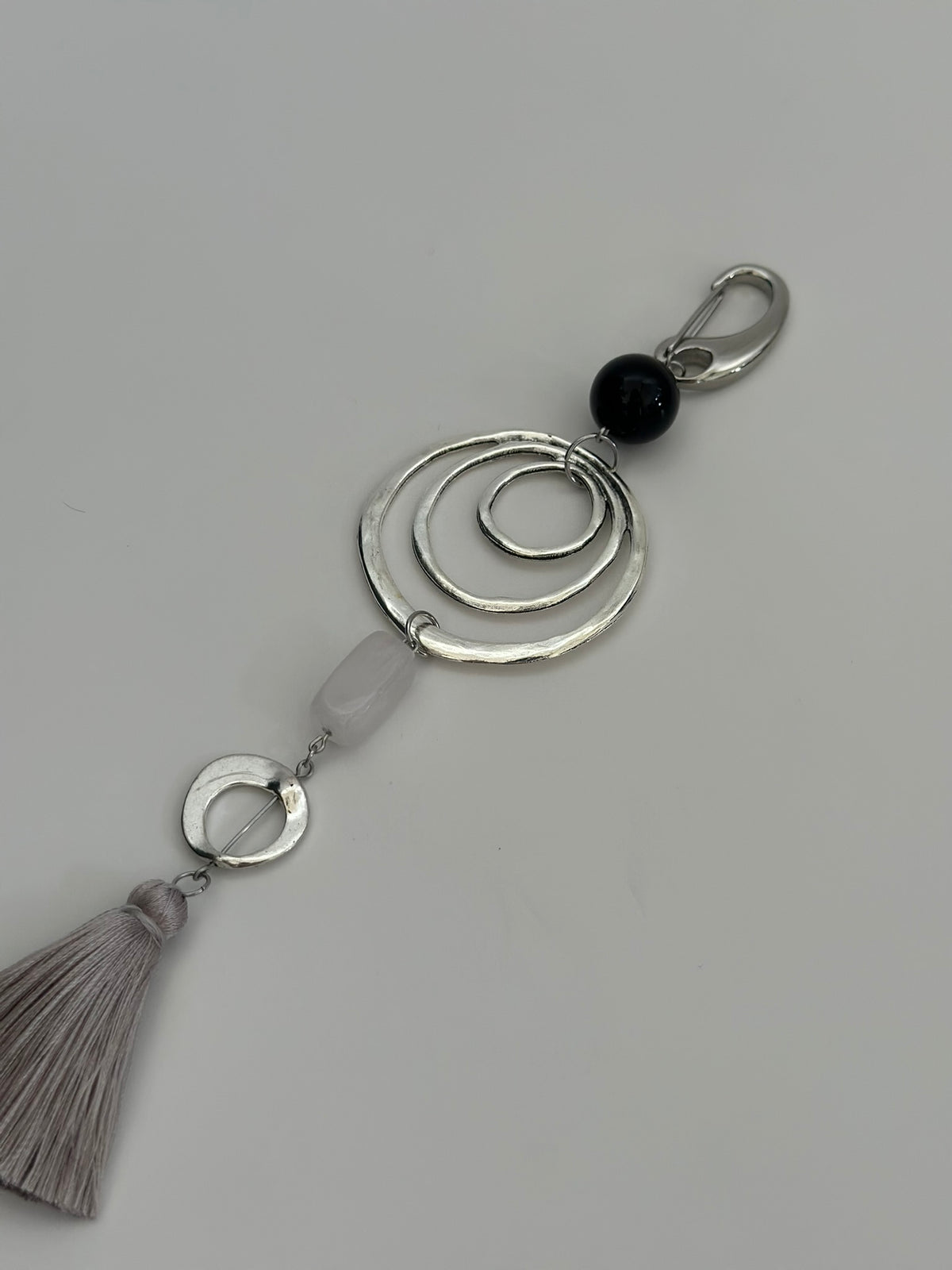 Tasseled Semi-precious Gemstone Bag Charm with Sculptural Metal Accents